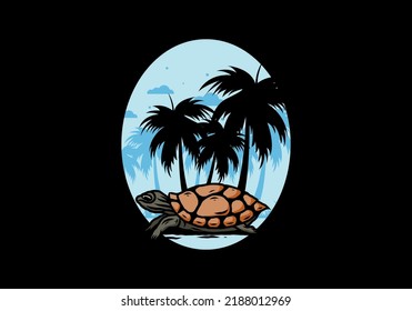 Sea turtle under the coconut tree illustration design