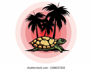 Sea turtle under the coconut tree illustration design