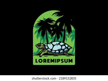 Sea turtle under the coconut tree illustration design