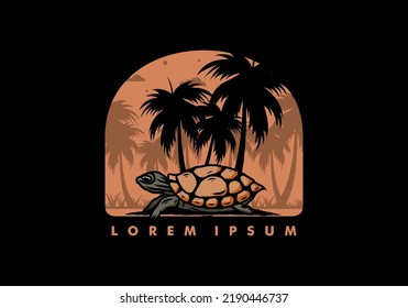 Sea turtle under the coconut tree illustration design