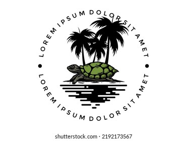 Sea turtle under the coconut tree illustration design