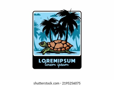 Sea turtle under the coconut tree illustration design