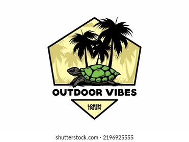 Sea turtle under the coconut tree illustration design