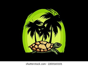 Sea turtle under the coconut tree illustration design