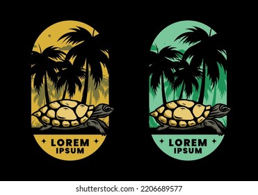 Sea turtle under the coconut tree illustration design