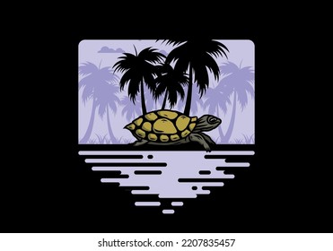 Sea turtle under the coconut tree illustration design
