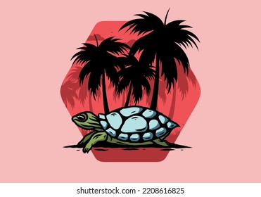 Sea turtle under the coconut tree illustration design