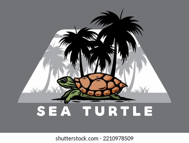 Sea turtle under the coconut tree illustration design