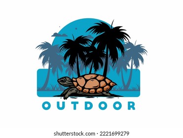 Sea turtle under the coconut tree illustration design