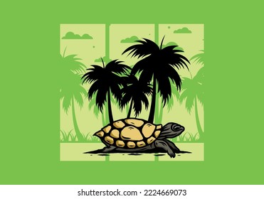 Sea turtle under the coconut tree illustration design