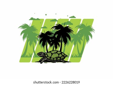 Sea turtle under the coconut tree illustration design