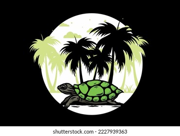 Sea turtle under the coconut tree illustration design