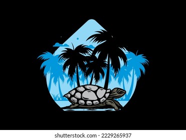Sea turtle under the coconut tree illustration design