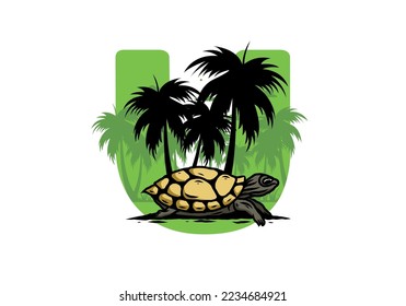 Sea turtle under the coconut tree illustration design