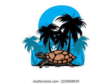 Sea turtle under the coconut tree illustration design