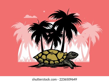 Sea turtle under the coconut tree illustration design