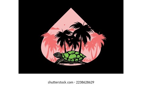 Sea turtle under the coconut tree illustration design