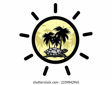 Tortuga marina bajo el diseño de la ilustración del árbol de coco