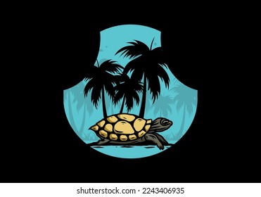 Sea turtle under the coconut tree illustration design