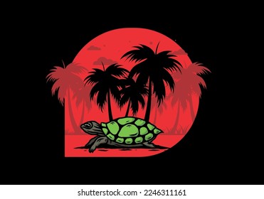 Sea turtle under the coconut tree illustration design