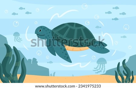 Sea turtle underwater concept. Animal in ocean near corals and reefs. Jellyfish and fish. Wildlife and representive of underwater world. Fauna and biology. Cartoon flat vector illustration