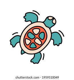 Sea turtle. Vector drawing on an isolated background. Simple contour color illustration of a sea dweller. Marine decor element, print, sticker.