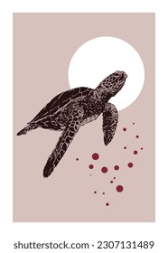 Sea turtle vector illustration, artistic, drawing of a sea turtle on a light background in line style.
