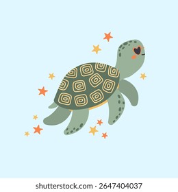 Sea turtle vector illustration. Marine animal. Children's illustration in cartoon style. Underwater life. Blue isolated background.