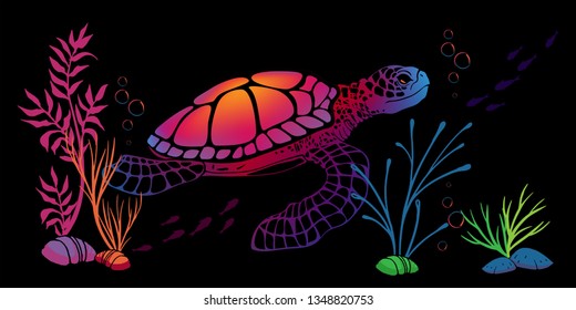 Sea turtle Vector illustration. Underwater marine life, coral reef Vector illustration neon style.