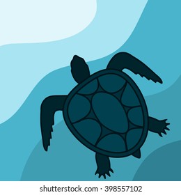 Sea turtle. Vector image floating in the thickness of sea turtle water. Cold blue gamma.