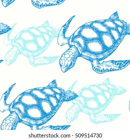 Sea turtle. Vector seamless pattern with hand drawn sea turtles.