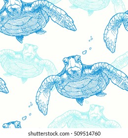 Sea turtle. Vector seamless pattern with hand drawn sea turtles.