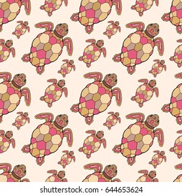 Sea turtle vector seamless pattern. Pink tortoise background.