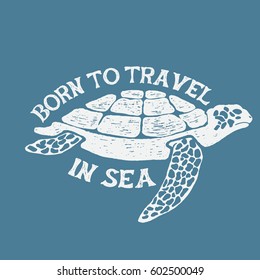 sea turtle vintage label.Hand drawn vector illustration