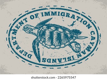 Sea turtle vintage monochrome logotype with swimming underwater reptile and text department of immigration Cayman islands vector illustration