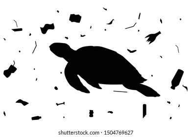Sea turtle with waste silhouette vector, Animal in black and white.