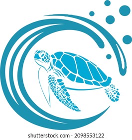 A sea turtle with a wave circling it. 
