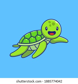 Sea Turtle Wave Hands Say Hello. Cute Happy Character, Kawaii, and Colorful Suite for Kids, Stickers, and Drawings. Animal Icon Concept. Flat Cartoon Vector Illustration Isolated.