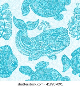 Sea turtle, whale, water plant and fish. Doodle paisley mehndi style pattern. Sea life. Colorful animals in the ocean. Wallpaper seamless surface textile.