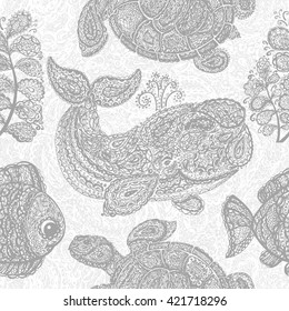 Sea turtle, whale, water plant and fish in doodle paisley mehndi style. Sea life. Animals in the ocean. Set of the sea life. Wallpaper seamless surface textile pattern. Gray color