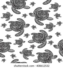 Sea Turtles black and white seamless vector pattern. Realistic engraved style of Sea Turtles on white background.