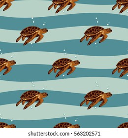 Sea turtles and bubbles seamless vector pattern. 