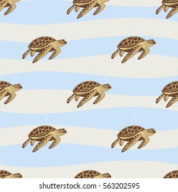 Sea turtles and bubbles seamless vector pattern. 