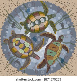 Sea turtles colorful drawing in different styles: Doodles ,mandala,  decorative, ornament. Stylish print or cover. Vector illustration.