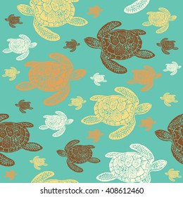 Sea Turtles colorfully seamless vector pattern. Realistic engraved style of Sea Turtles on blue background.