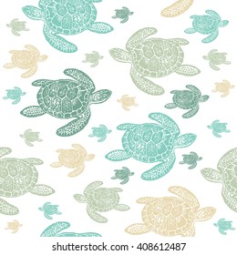 Sea Turtles colorfully seamless vector pattern. Realistic engraved style of Sea Turtles on white background.