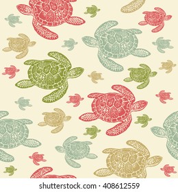 Sea Turtles colorfully seamless vector pattern. Realistic engraved style of Sea Turtles on beige background.
