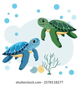 Sea turtles are cute vector characters, blue and green.