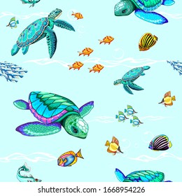 Sea Turtles Dance Oceanlife Vector Seamless Pattern 