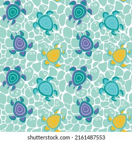 Sea turtles of different colors. Summer childish print.
Seamless pattern for fabric, wrapping, textile, wallpaper, clothes. Vector.